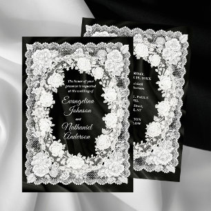 Invitation Mariage Formel Blanc Noir Roses Dentelle Intempore