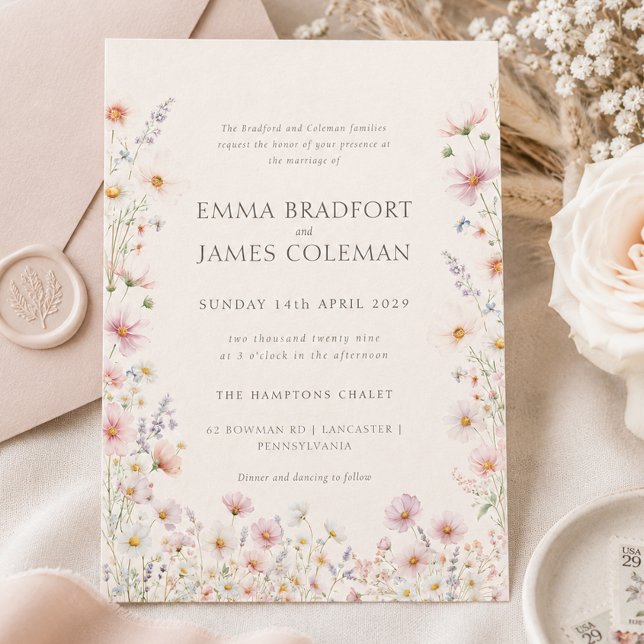 Invitation Mariage Formel Bohème Fantaisiste Fleurs Sauvages (Bohemian Whimsical Wildflowers Formal Wedding Invitation)