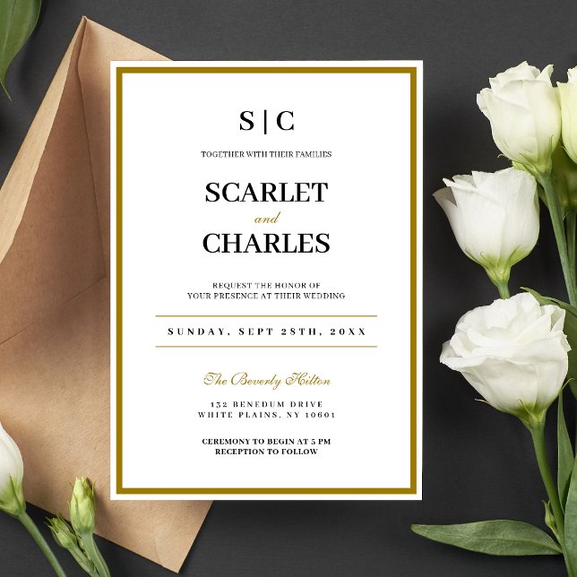 Invitation Mariage Formel Classique Monogramme Noir Or (Formal black and gold monogram wedding invitation sets a timeless, elegant tone.)