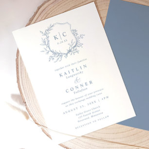 Invitation Mariage Formel Élégant Crête Bleu Poussiéreux Clas