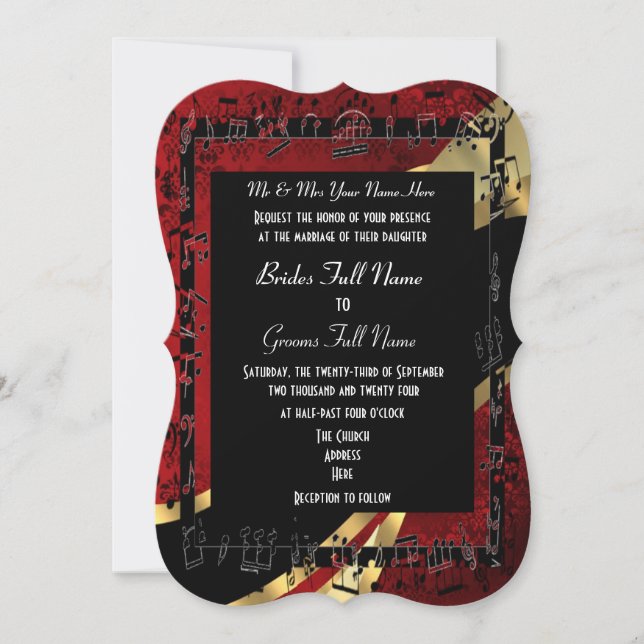 Invitation Mariage formel élégant d'or rouge chic de damassé (Devant)