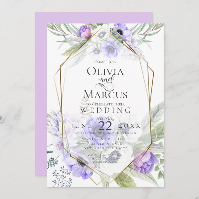 Invitation Mariage | Frame à fleurs d'anémone violet (Devant / Derrière)