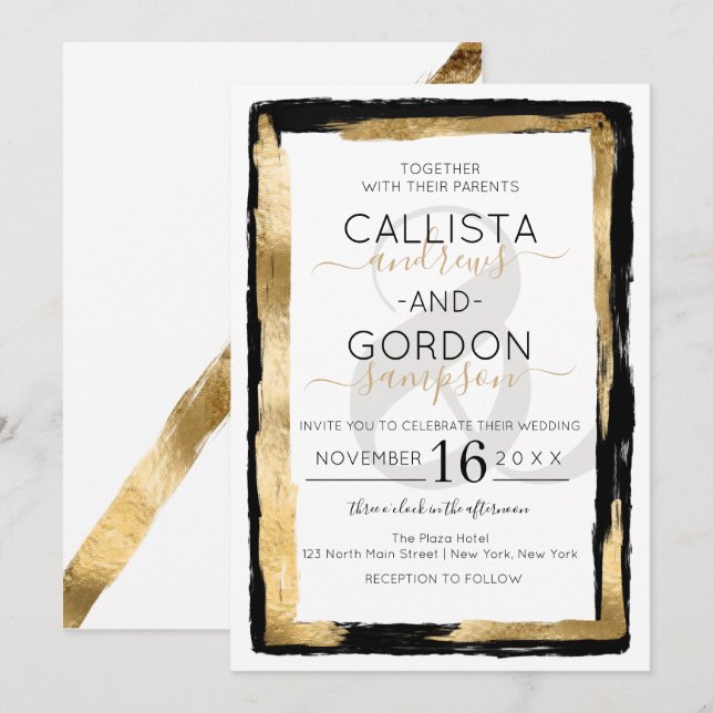 Invitation Mariage frontalier Artsy Black Gold de luxe (Devant / Derrière)