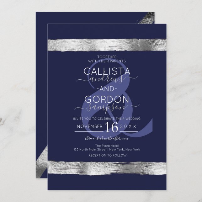 Invitation Mariage frontalier Blue Silver Brushstroke de la m (Devant / Derrière)