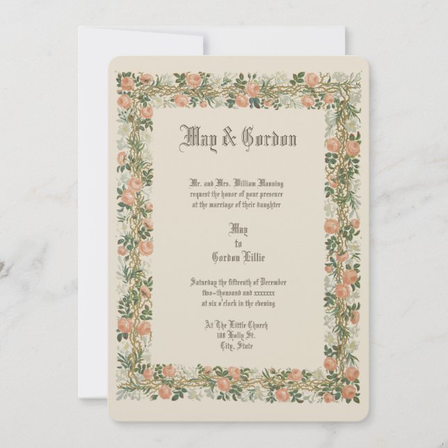 Invitation Mariage frontalier de l'époque victorienne Rose Fl (Devant)