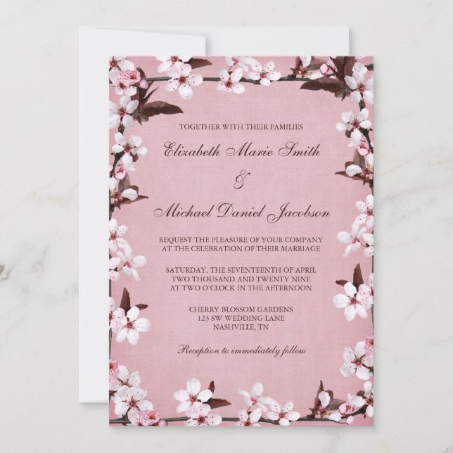 Invitation Mariage frontalier en fleurs de cerisiers roses (Devant)