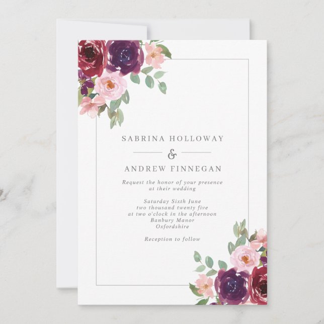 Invitation Mariage frontalier floral de Bourgogne et de Blush (Devant)