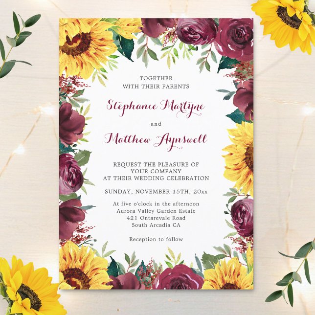 Invitation Mariage frontalier floral des tournesols aquarelle (Créateur téléchargé)
