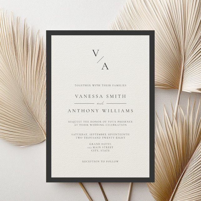 Invitation Mariage frontalier moderne Monogram Black & Ecru (Créateur téléchargé)