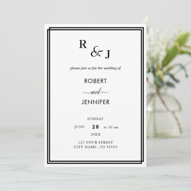Invitation Mariage frontalier moderne noir et blanc (Debout devant)