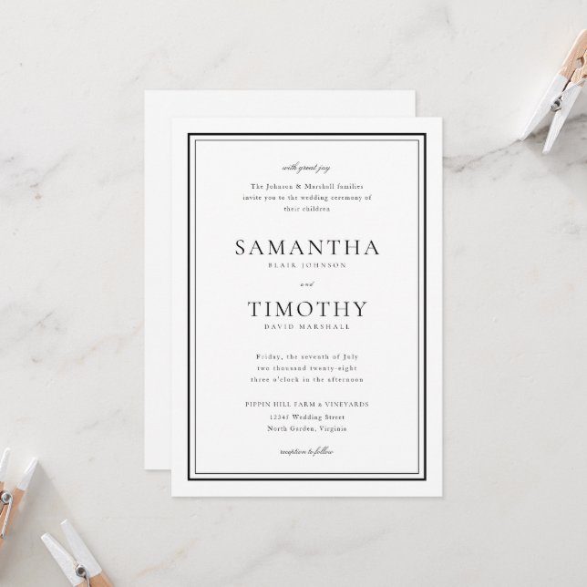 Invitation Mariage frontalier noir et blanc intemporel (Devant/Arrière en situation)