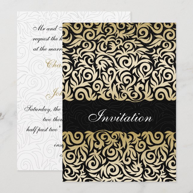 Invitation mariage frontalier noir et or noir (Devant / Derrière)