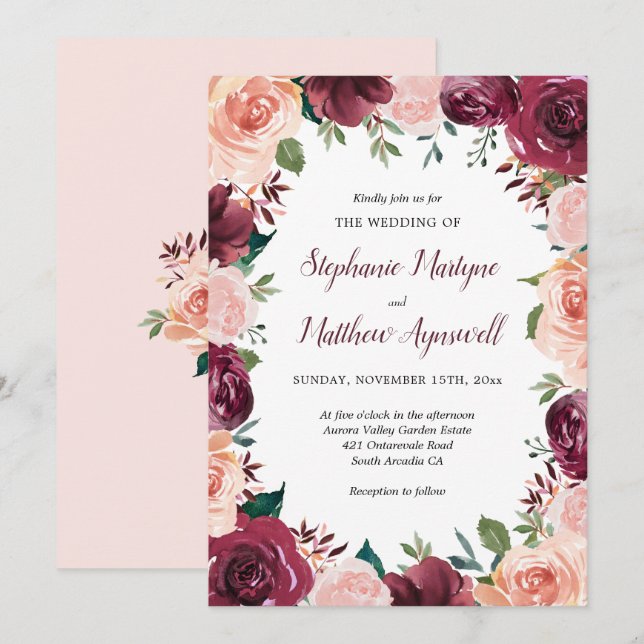 Invitation Mariage frontalier Rose Aquarelle Brousse Bourgogn (Devant / Derrière)