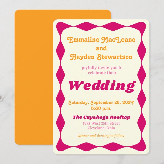 Invitation Mariage frontalier super rose et or ondulé (Devant / Derrière)