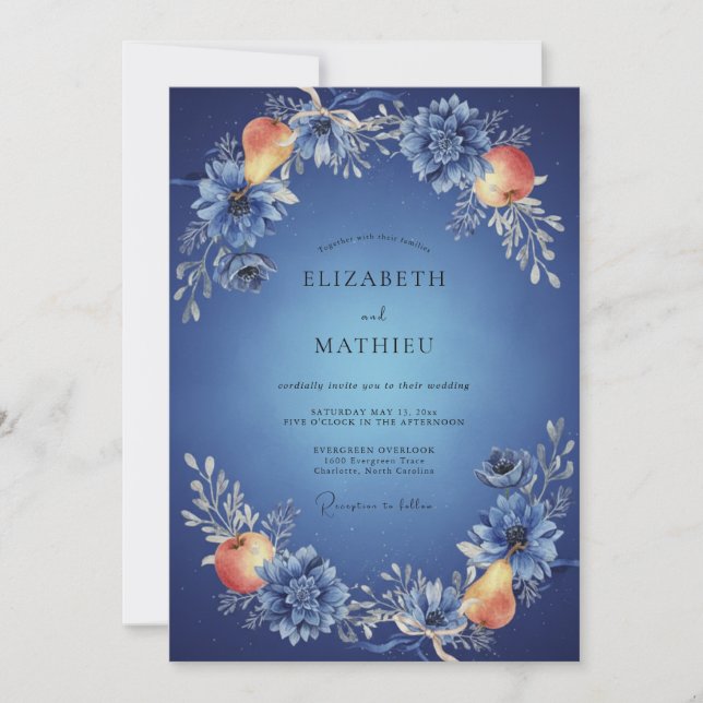 Invitation Mariage Fruit Eucalyptus Cobalt Pêche (Devant)
