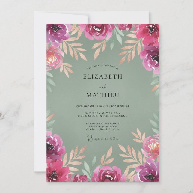 Invitation Mariage Fuchsia Olives Peints (Devant)