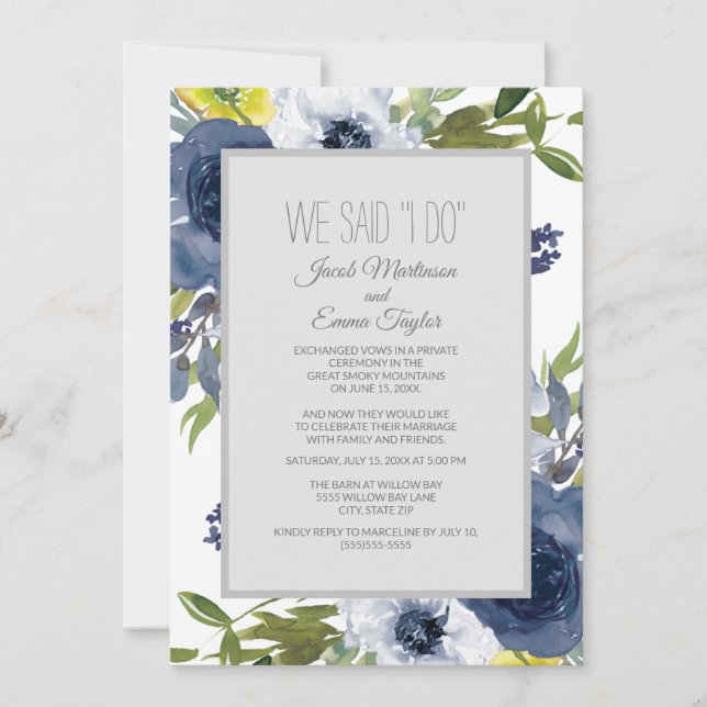 Invitation Mariage Fuite Floral Bleu Nuit Blanc Jaune (Devant)