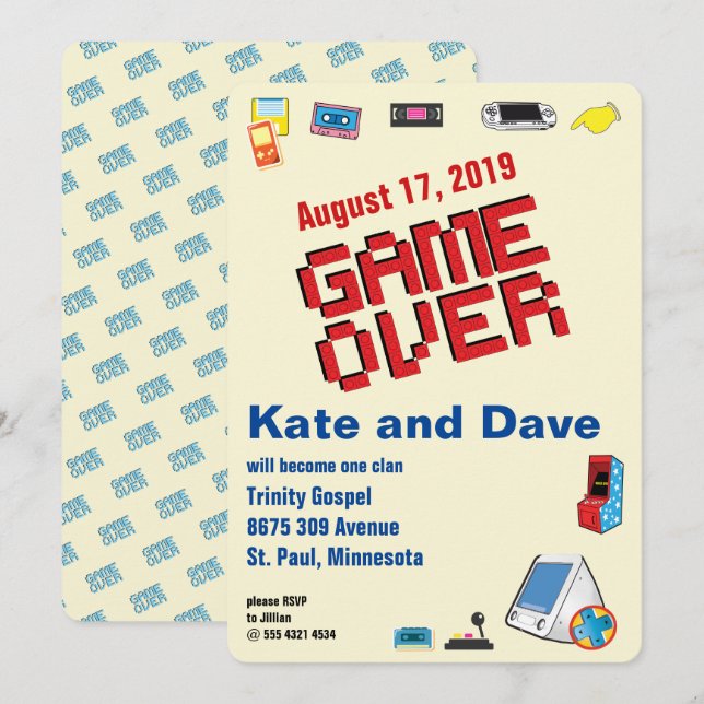 Invitation Mariage Fun Retro Video Gamer (Devant / Derrière)