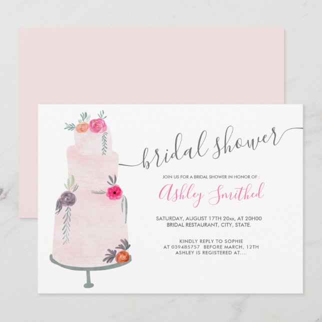Invitation Mariage gâteau rose floral aquarelle nuptiale (Devant / Derrière)