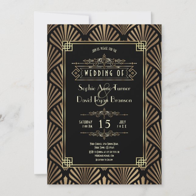 Invitation Mariage Gatsby Art Déco Or Noir 20s (Devant)