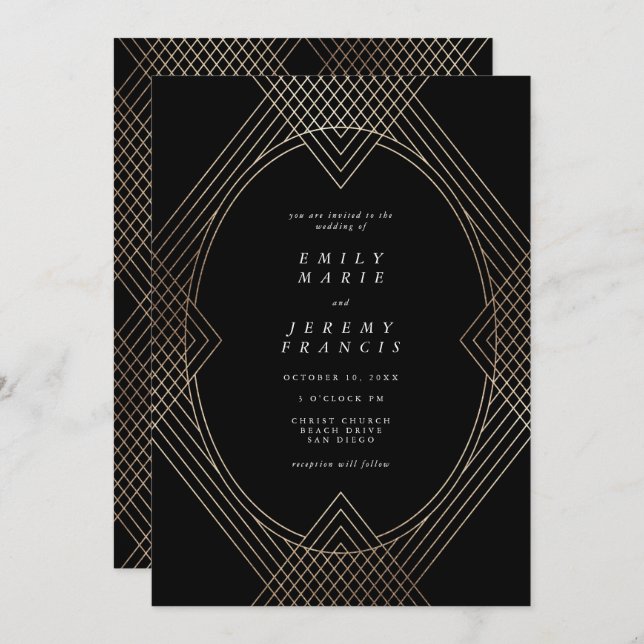 Invitation Mariage Gatsby d'Art Déco Ovale Noir Or (Devant / Derrière)