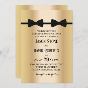Invitation Mariage Gay Double Bow Cravates d'or moderne