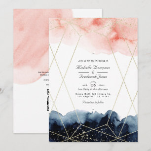 Invitation Mariage géométrique à code QR aquarelle bleu marin
