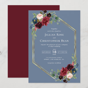 Invitation mariage géométrique à fleurs bleu bordeaux et pous