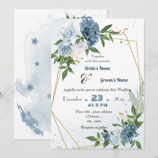 Invitation mariage géométrique à fleurs bleues romantiques (Devant / Derrière)