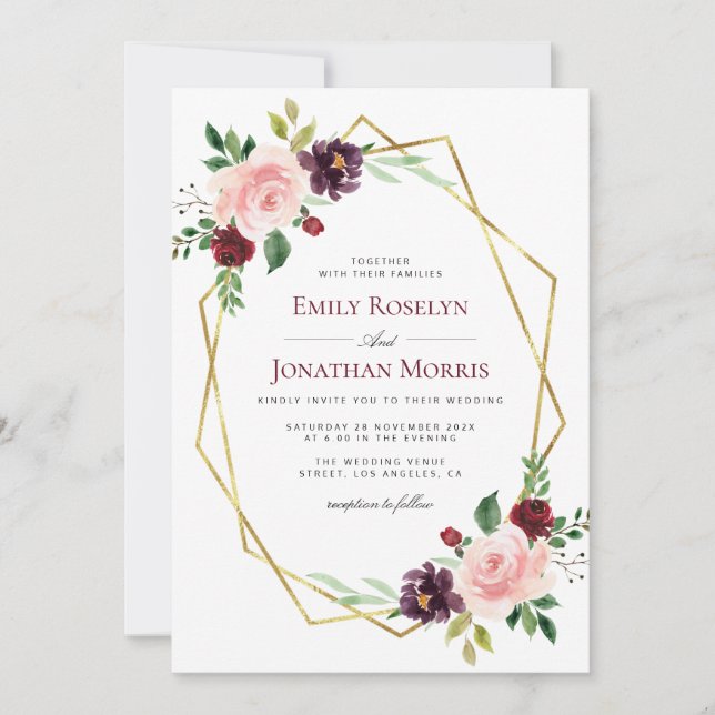 Invitation mariage géométrique à fleurs bordeaux et rousses (Devant)