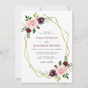 Invitation mariage géométrique à fleurs bordeaux et rousses