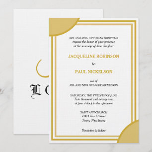 Invitation Mariage géométrique à monogramme blanc or