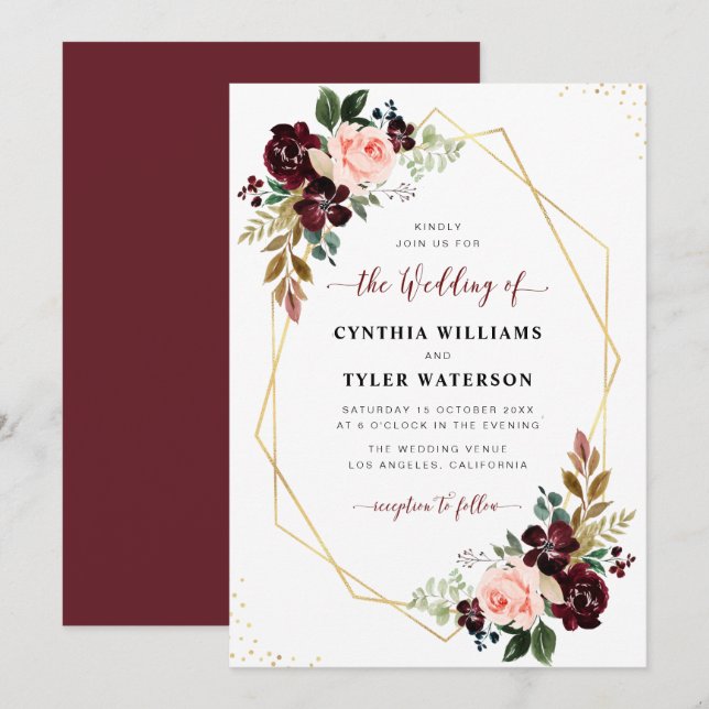 Invitation mariage géométrique à or floral roux et bordeaux (Devant / Derrière)