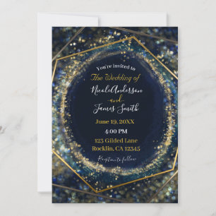 Invitation Mariage Géométrique Abstrait Lumières Or Bleu Mari
