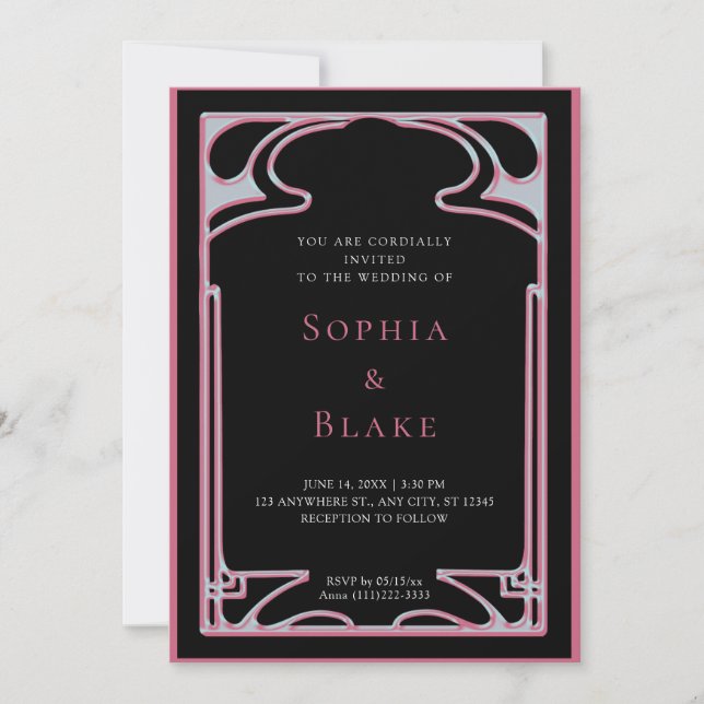 Invitation Mariage géométrique Art déco noir et rose (Devant)