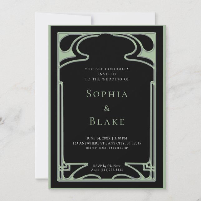 Invitation Mariage géométrique Art déco noir et vert (Devant)