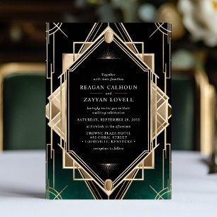 Invitation Mariage géométrique Art Déco vert émeraude et or