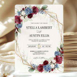 Invitation Mariage géométrique bleu-bleu-bleu de Bourgogne