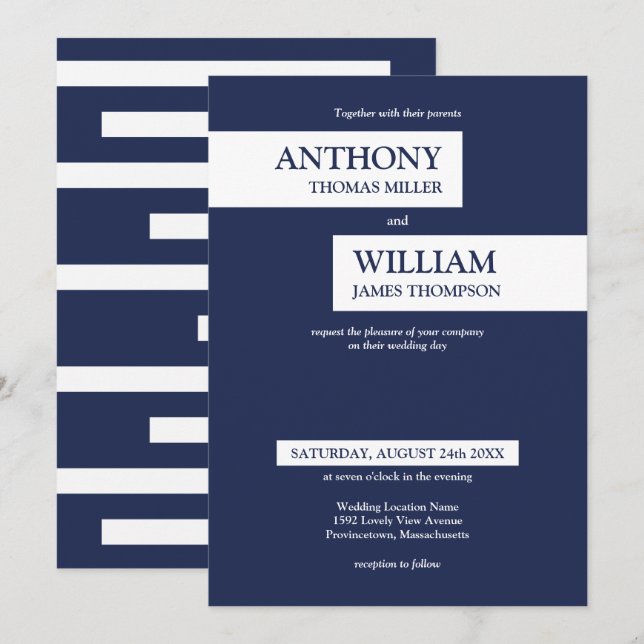 Invitation Mariage géométrique bleu bleu marine moderne (Devant / Derrière)