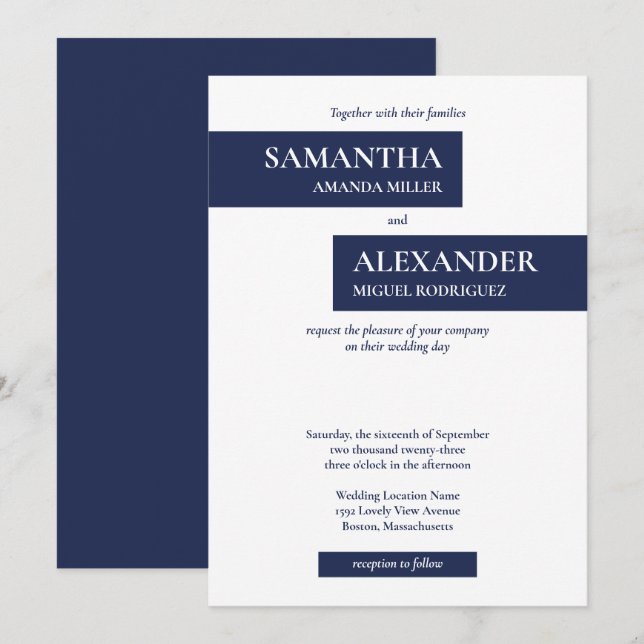Invitation Mariage géométrique bleu bleu marine moderne simpl (Devant / Derrière)