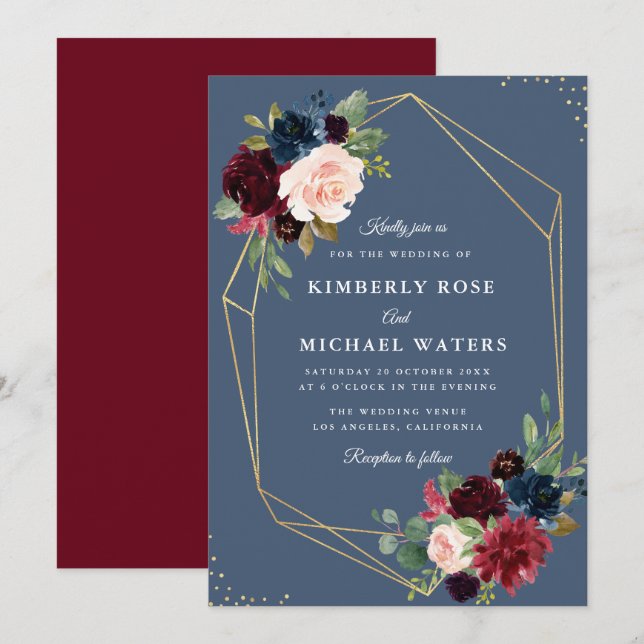 Invitation Mariage géométrique bleu Bourgogne et Dusty (Devant / Derrière)