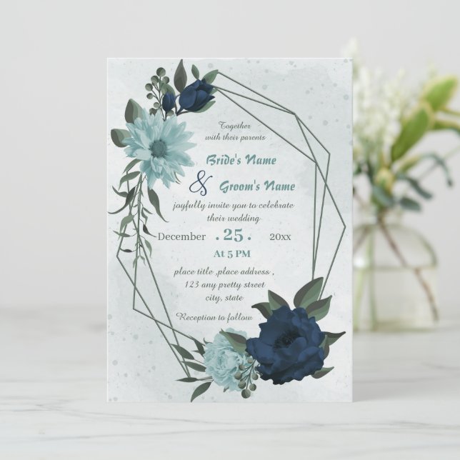 Invitation Mariage géométrique bleu et bleu foncé (Debout devant)