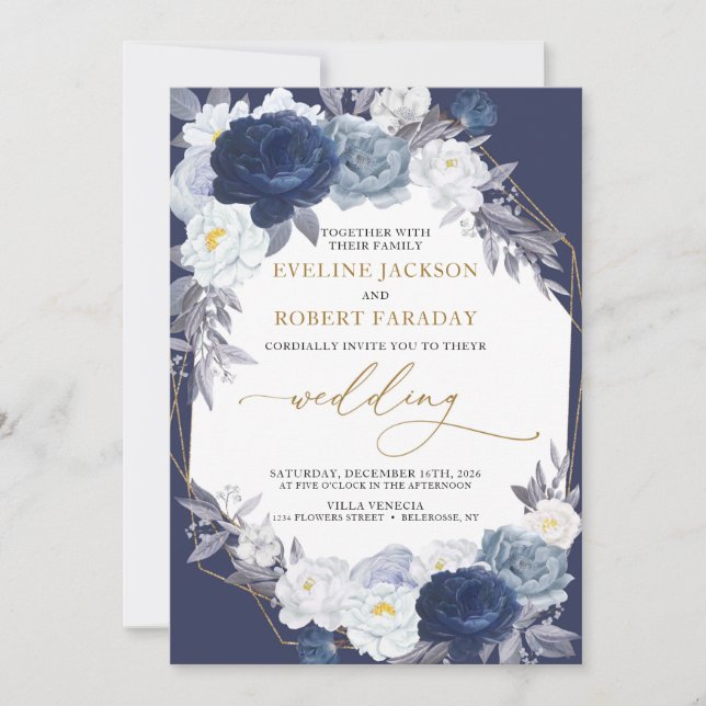 Invitation Mariage géométrique bleu floral bleu marine tendan (Devant)