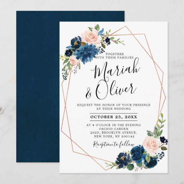 Invitation Mariage géométrique bleu Floral de la Marine Rouge (Devant / Derrière)