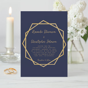 Invitation Mariage géométrique bleu marine et or élégant mode