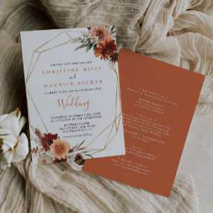Invitation Mariage géométrique bohème floral doré avant et ar