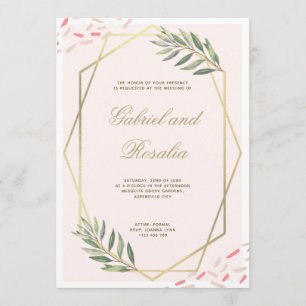 Invitation Mariage Géométrique Bordé de Fleurs en Or Rose