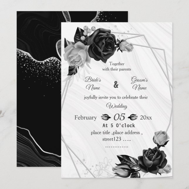 Invitation mariage géométrique botanique de fleurs argentées  (Devant / Derrière)