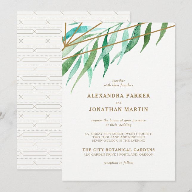 Invitation Mariage géométrique botanique et cuivre (Devant / Derrière)