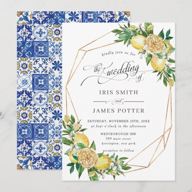 Invitation Mariage géométrique chic Lemon Floral Greenery (Devant / Derrière)